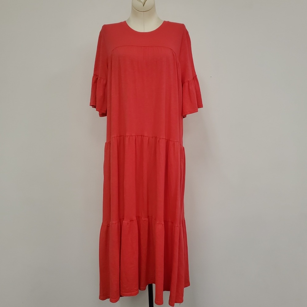 Sundry Anthropologie Womens Tiered Flare Sleeve Maxi Dress Size 2 S Coral Cotton